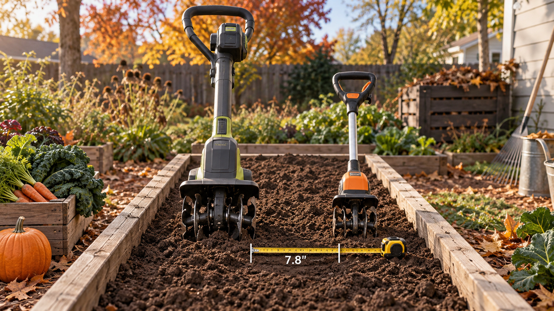 AI illustration comparing cordless tiller size with a narrow raised bed