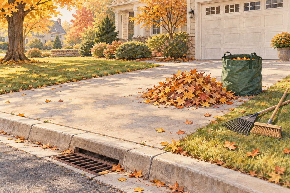 AI illustration of autumn leaves gathered on a driveway away from a clear storm drain