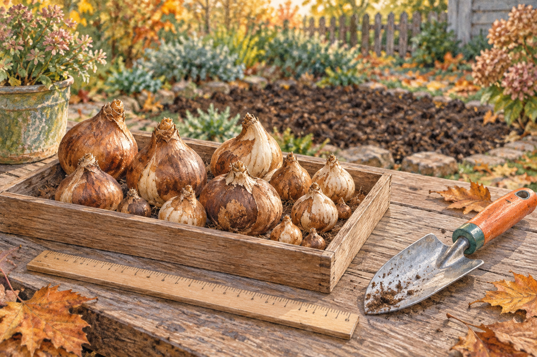 AI illustration of mixed planting bulbs, a ruler and an orange-handled trowel on an autumn potting bench.