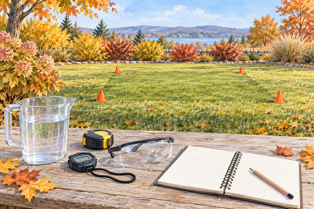 AI illustration of a measured autumn lawn plot with water pitcher, tape measure, goggles and a blank notebook