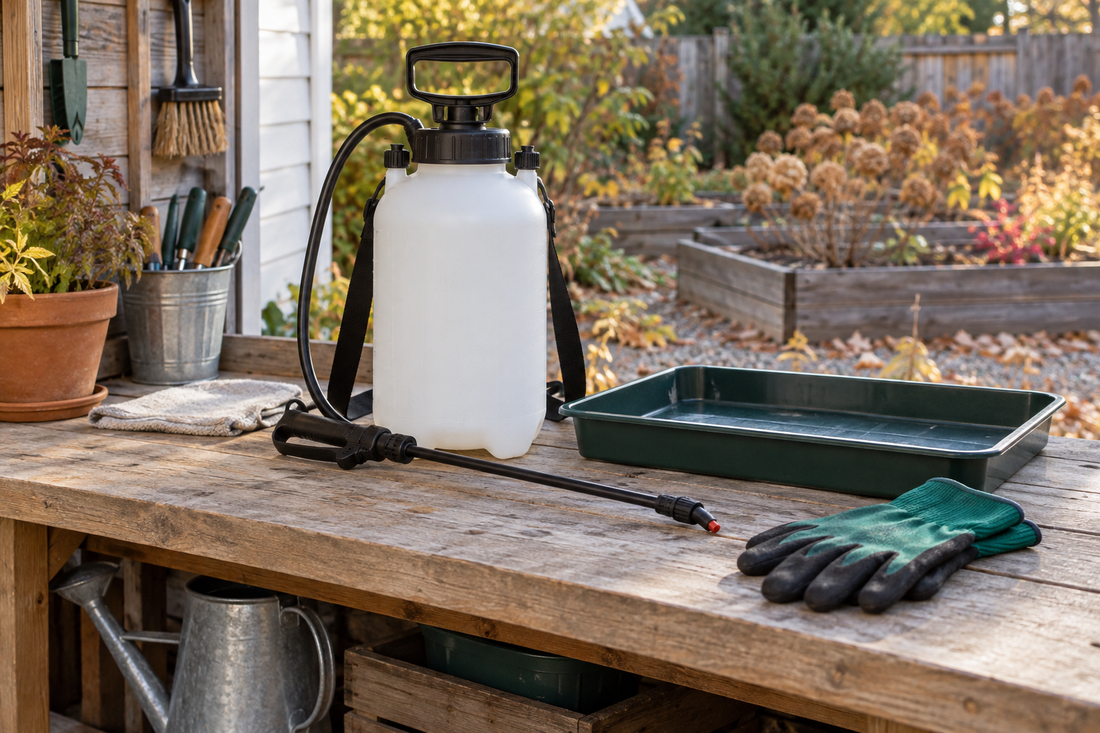 Illustration of a clean cordless garden sprayer stored in a garden shed; not a product photo.
