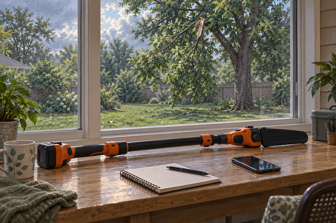 AI illustration of an inactive covered pole saw indoors with a distant storm-damaged tree outside