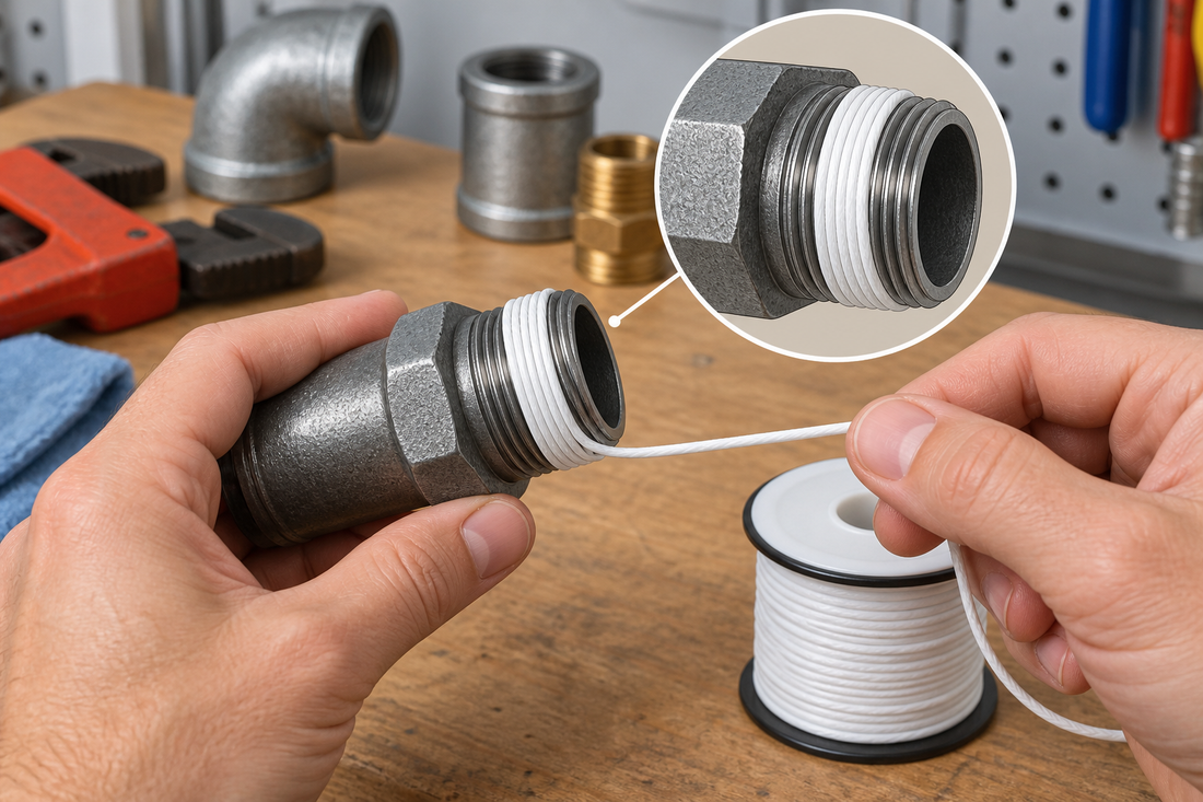 AI illustration of applying PTFE thread sealant cord to a pipe fitting