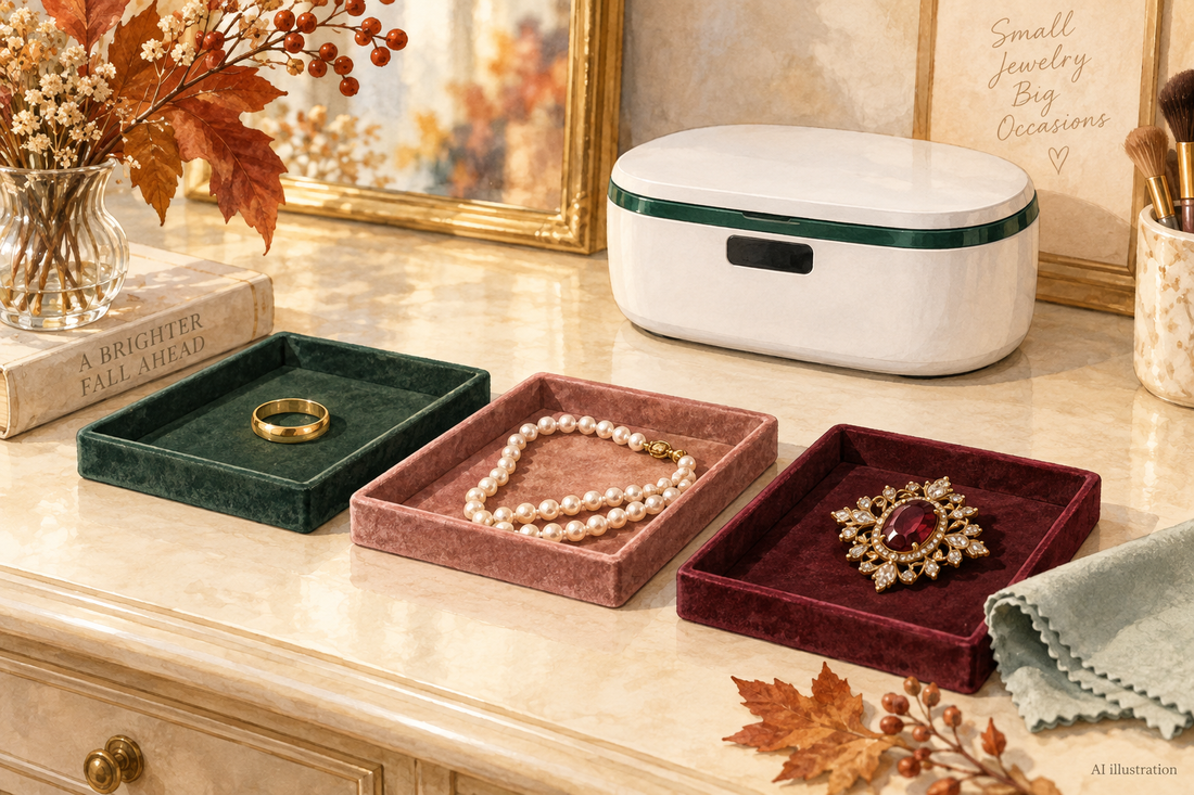 AI illustration of separate jewelry trays and a closed generic green-and-white cleaner; no cleaning procedure is depicted.