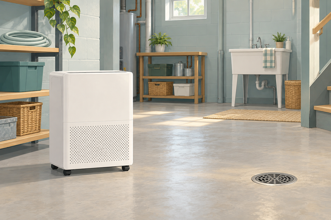 AI illustration of a white portable dehumidifier in a dry basement utility room; no drainage installation is shown