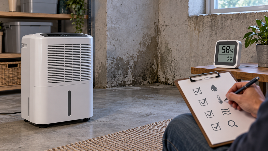 AI-generated illustration of a portable dehumidifier and a humidity gauge in a basement