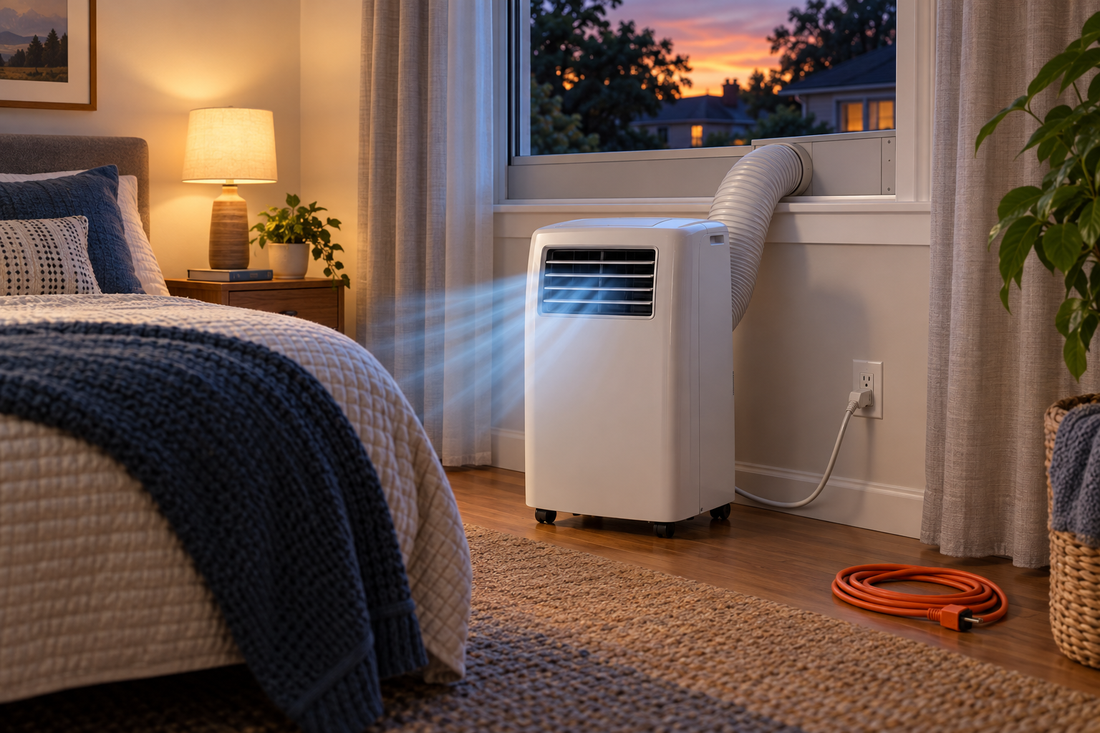 AI illustrative concept of a portable air conditioner connected directly to a wall outlet while an extension cord is set aside
