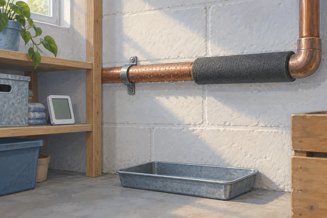 AI-generated illustration of condensation on an exposed copper pipe beside an insulated section, with a blank humidity meter on a dry shelf