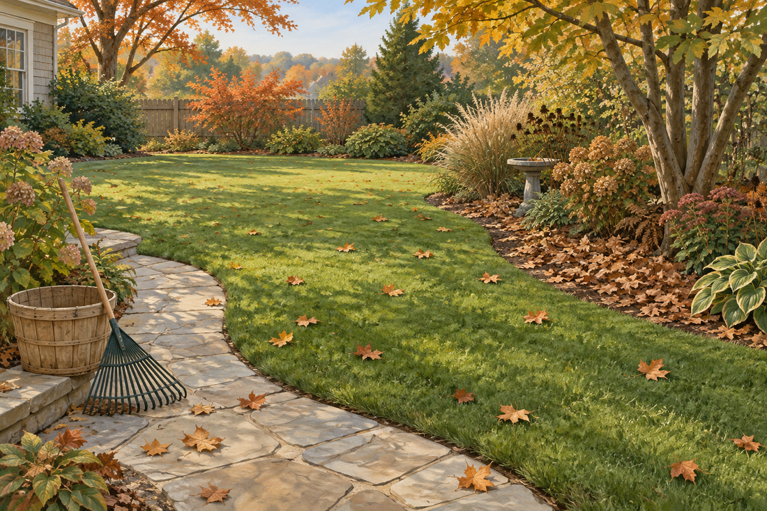 AI-generated illustration of autumn leaves retained in a planting bed beside a lawn and stone path