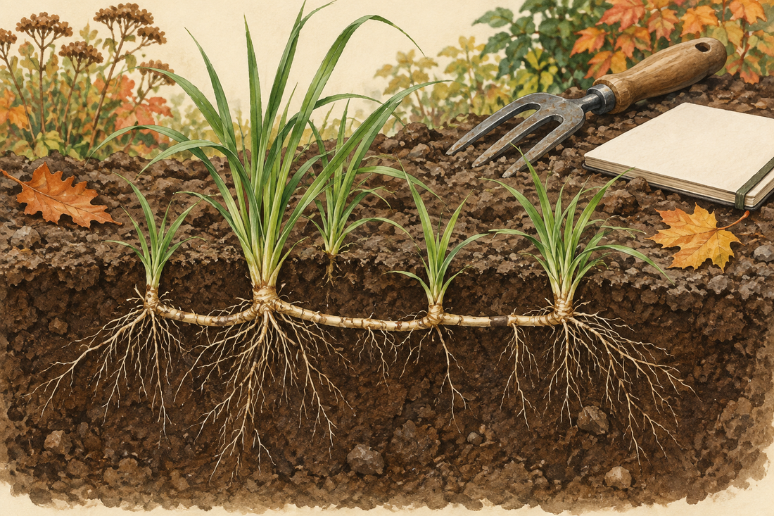 AI botanical illustration of grass shoots connected by a horizontal underground rhizome beside an idle hand fork