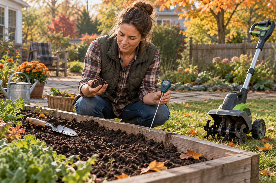 AI illustrative concept of checking garden soil moisture before using a cordless tiller
