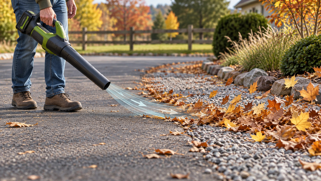 AI-generated illustration of a cordless leaf blower moving leaves beside a gravel driveway