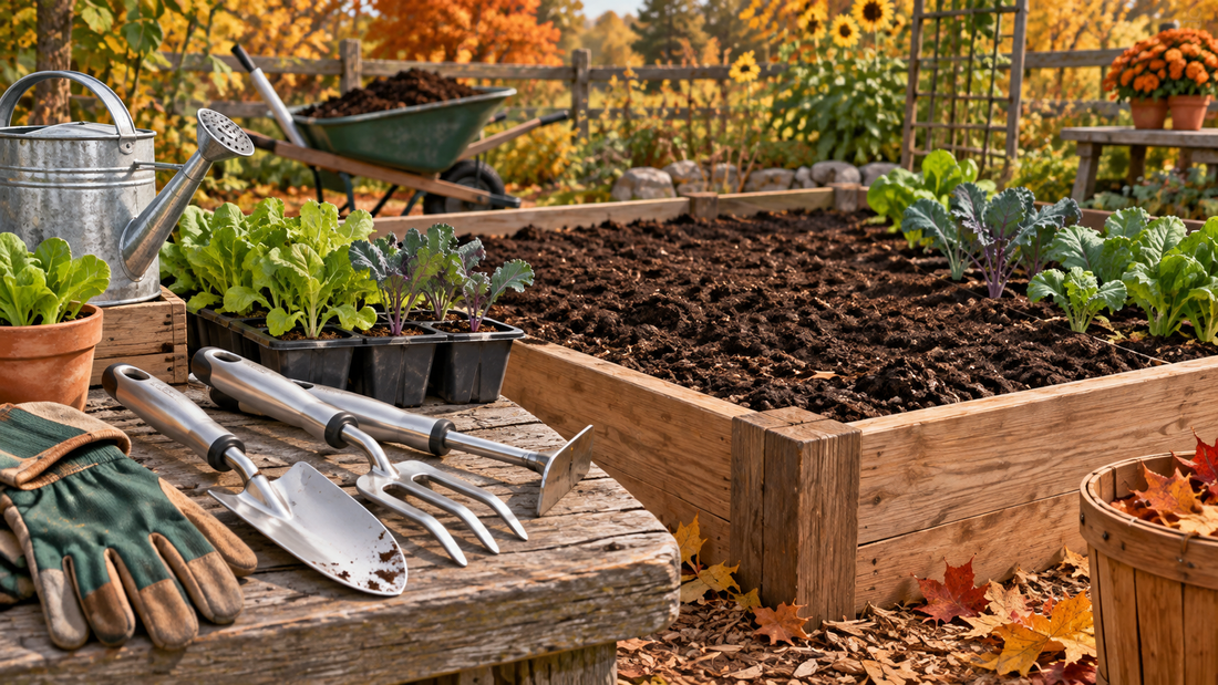 AI-generated illustration of clean garden hand tools beside a fall planting bed