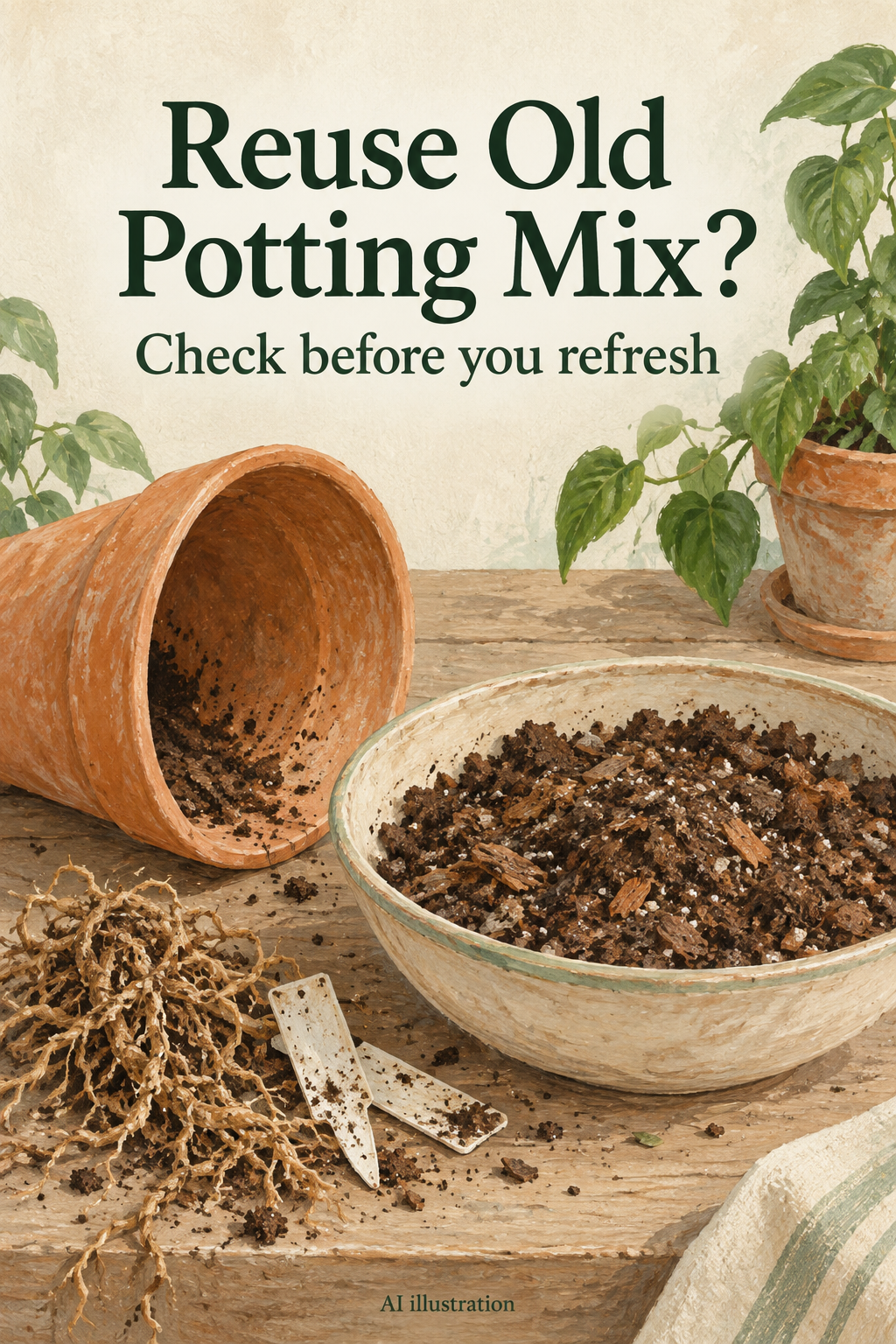AI illustration of old potting mix, removed roots, and a terracotta pot, with the words Reuse Old Potting Mix? Check before you refresh.