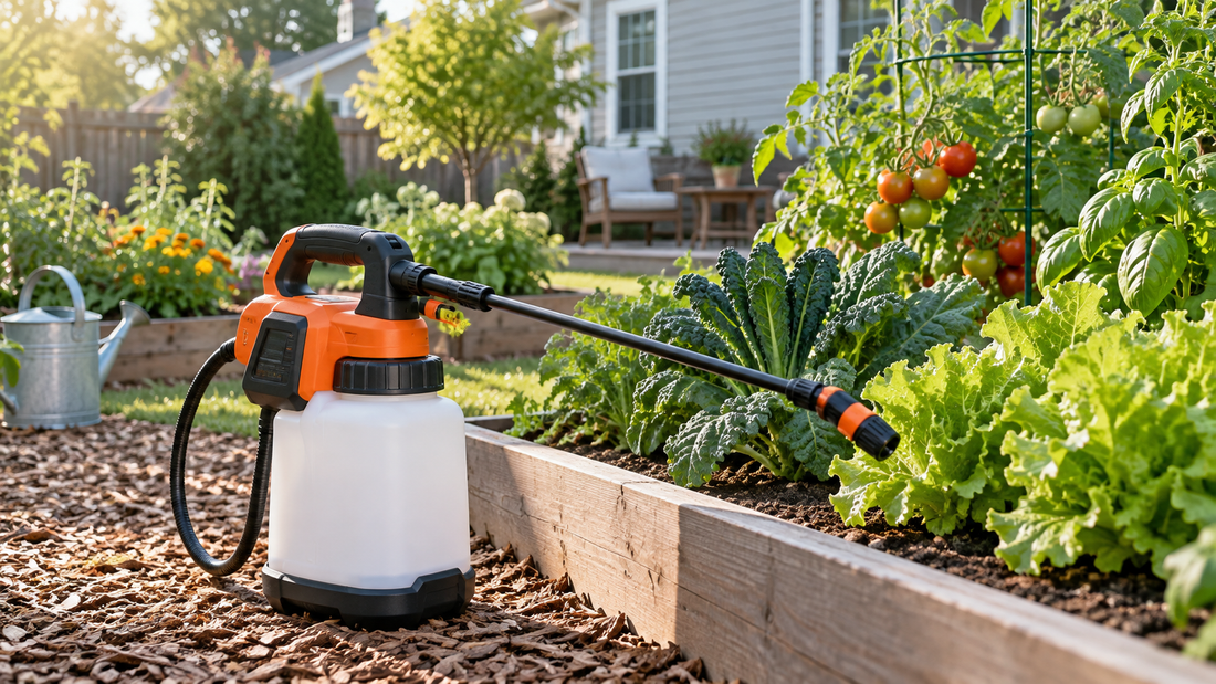 Orange and black cordless garden sprayer beside raised-bed vegetables in a suburban backyard