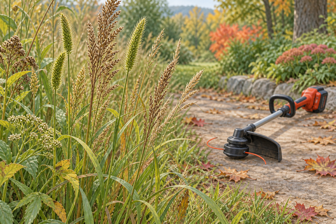 AI illustration of mature weed seed heads beside an inactive string trimmer