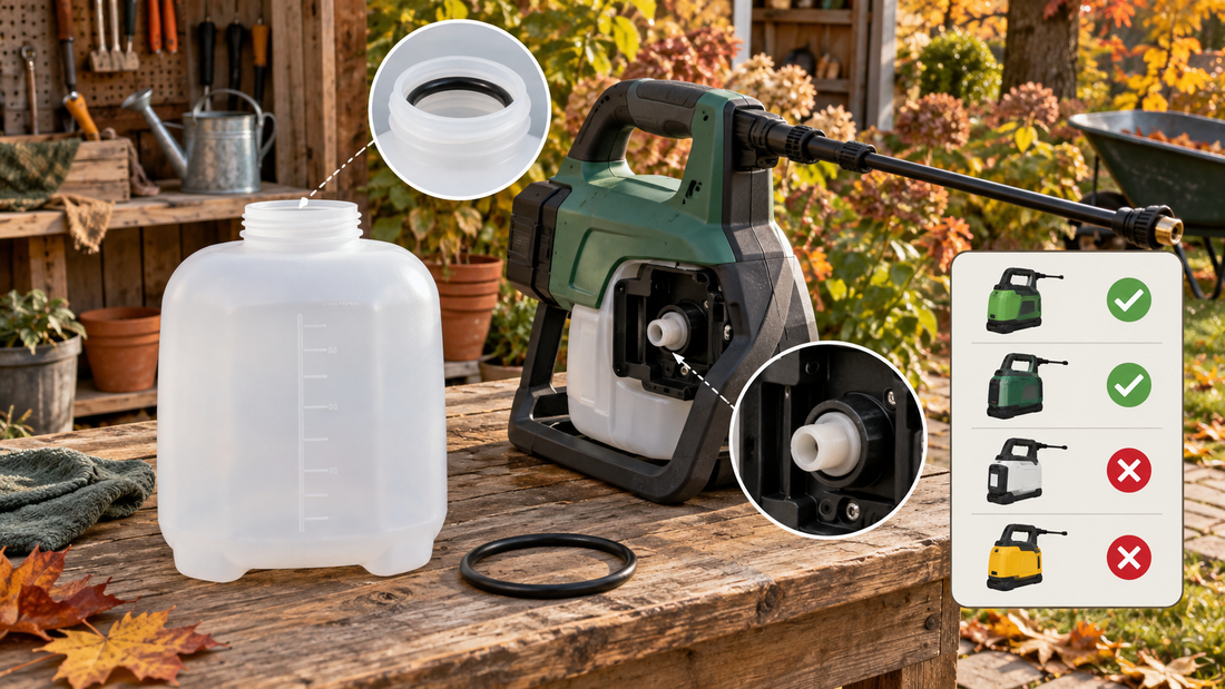 AI-generated seasonal garden equipment illustration for choosing a replacement sprayer tank