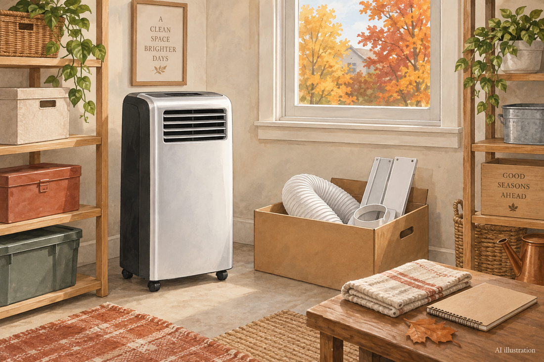 AI illustration of an upright portable air conditioner and boxed window accessories prepared for seasonal storage.