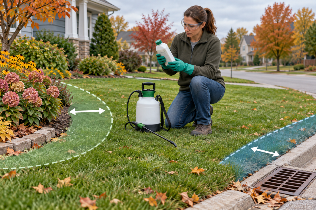 AI illustrative scene of a homeowner reading a treatment label before safe fall garden spraying