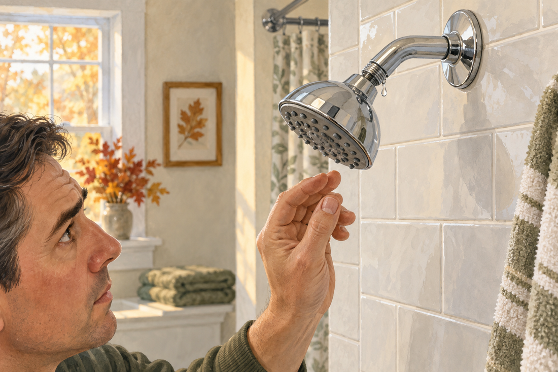 AI illustration of a homeowner spotting a drip at a generic showerhead connection