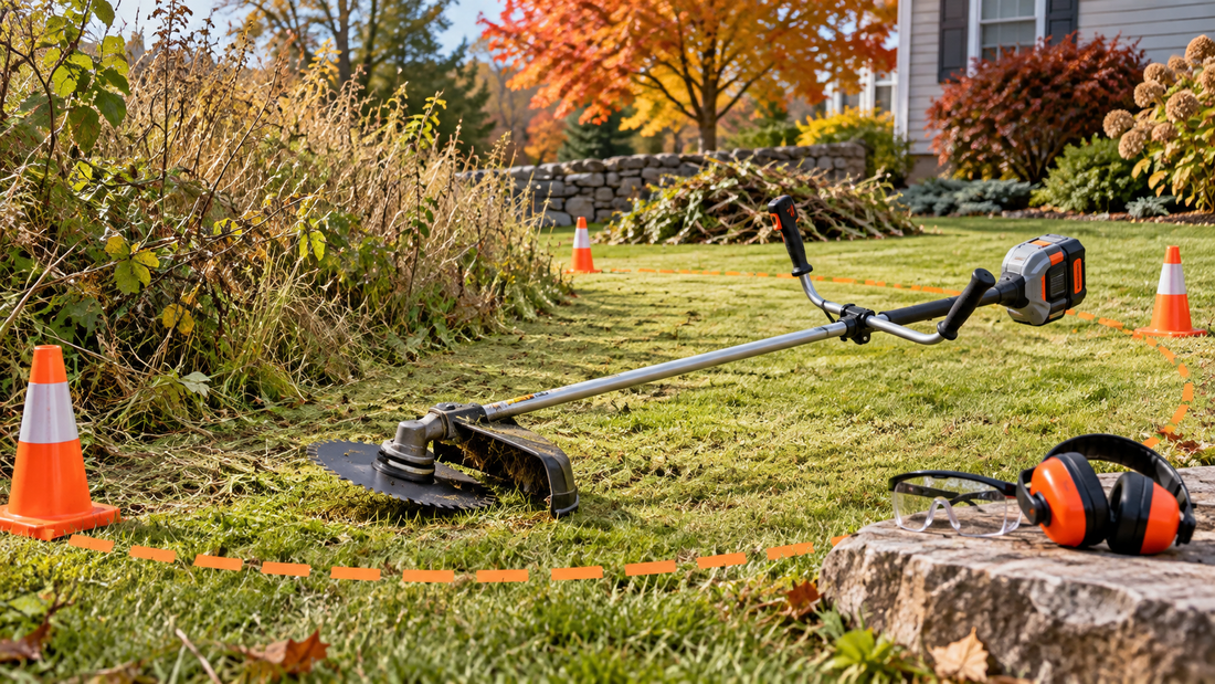 AI-generated illustration of a safe fall lawn-trimming setup; not a product photo or field test