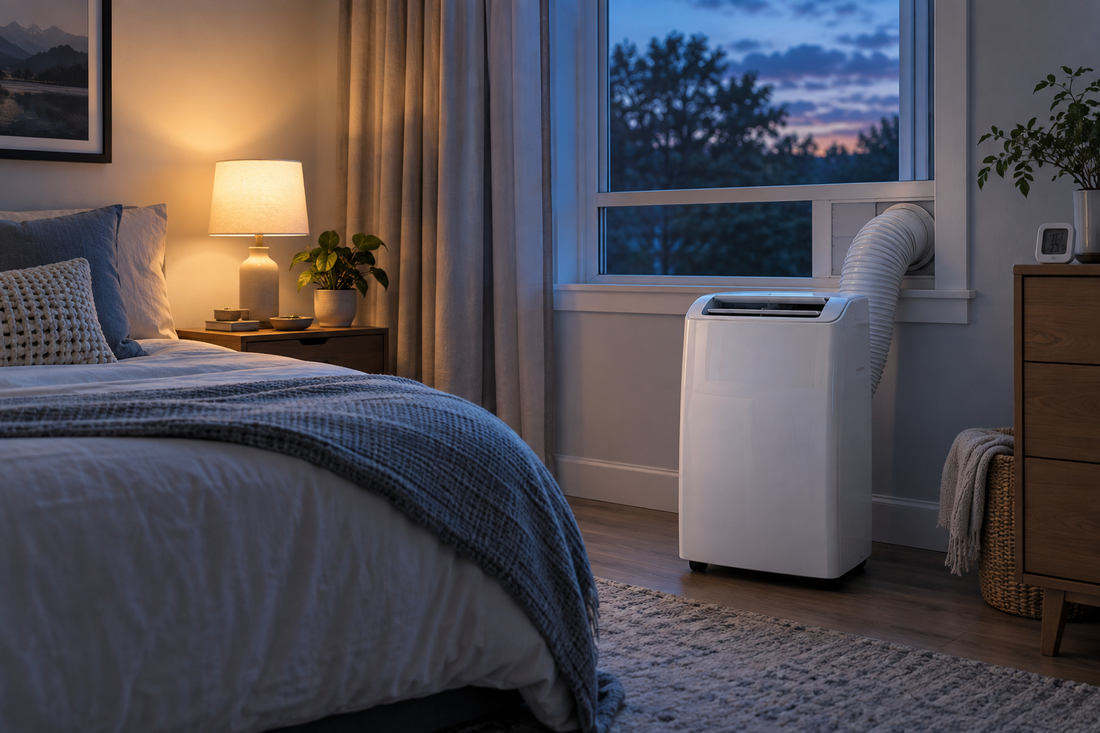 AI-generated illustration of a portable air conditioner running in a humid early-fall bedroom
