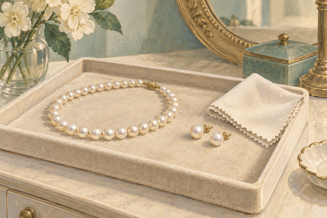 AI-generated illustration: pearls resting on a dry jewelry tray beside a soft cloth