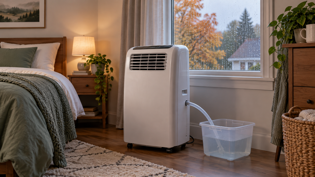 AI-generated illustration of a portable AC running in dehumidify mode in an early-fall bedroom