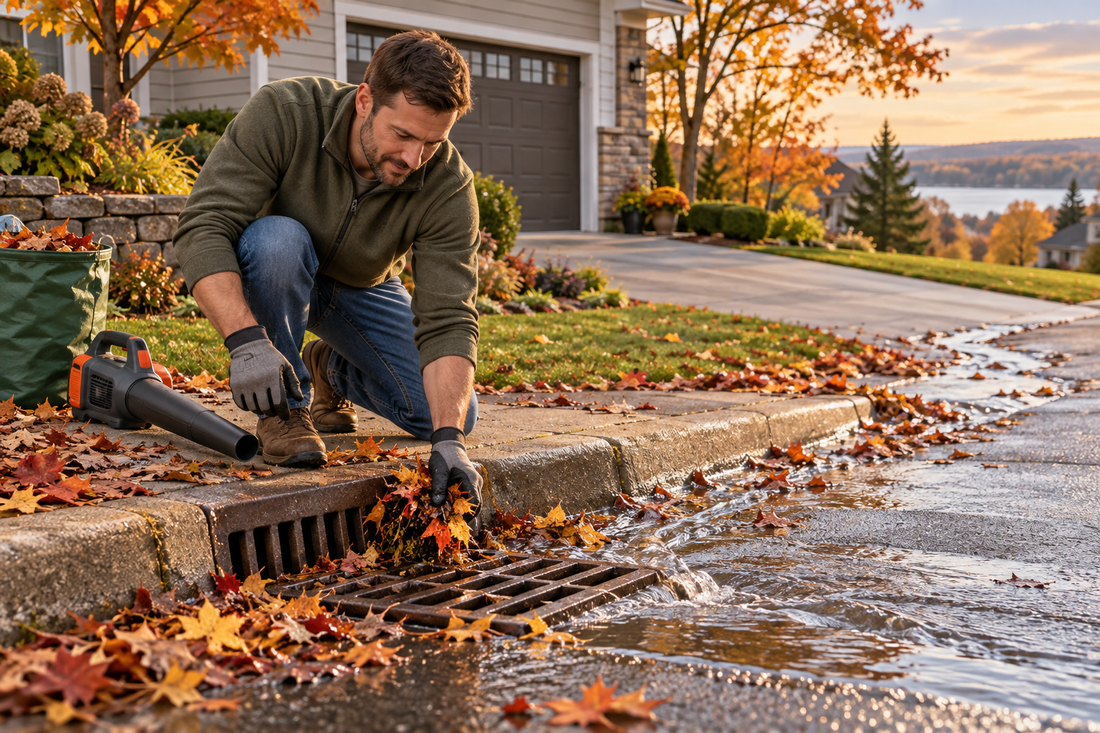 AI-generated illustration of clearing leaves near a storm-drain grate before autumn rain
