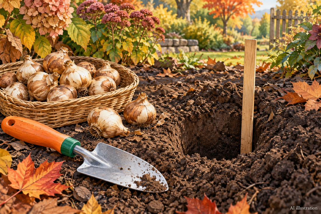 AI illustration of bulbs, an orange-handled trowel, and a planting-depth reference stick in an autumn bed.