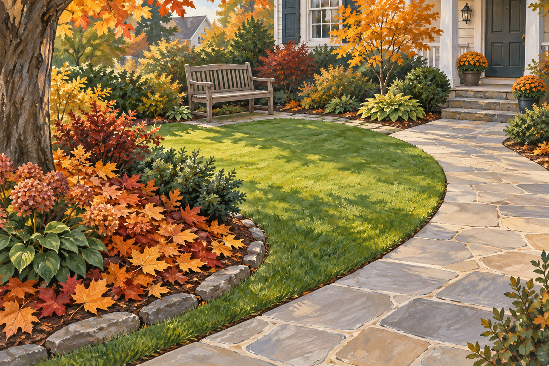 AI-generated illustration of a clear autumn garden path, green lawn and whole leaves retained in a shrub bed