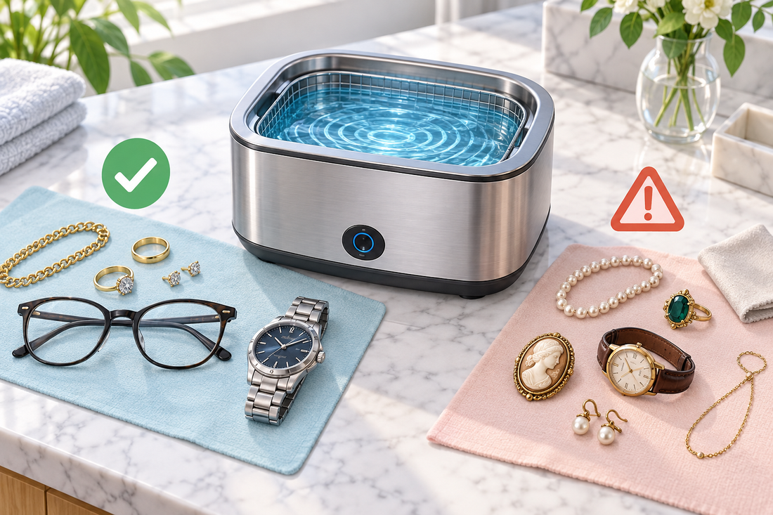 AI-generated illustration showing jewelry, glasses, and a watch beside an ultrasonic cleaner with caution