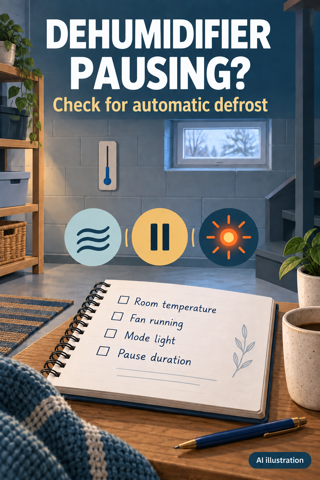 AI illustration of a cool room and observation notebook with airflow, pause, and indicator symbols for a dehumidifier defrost check.