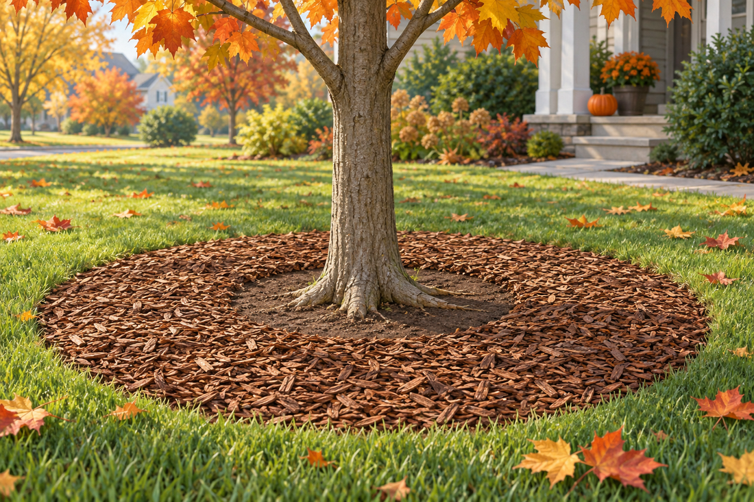 AI-generated illustration of an autumn yard with a broad mulch ring and a clear gap around a tree trunk