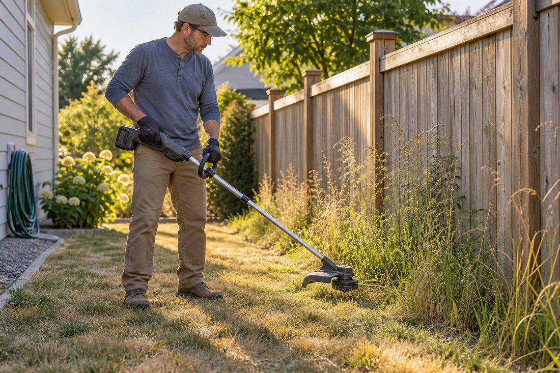 AI-generated illustrative image of safe cordless trimming along a wooden fence