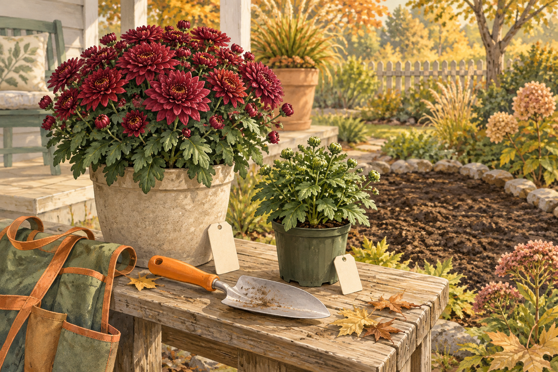 AI-generated illustration of a potted flowering mum and a younger garden mum beside planting tools