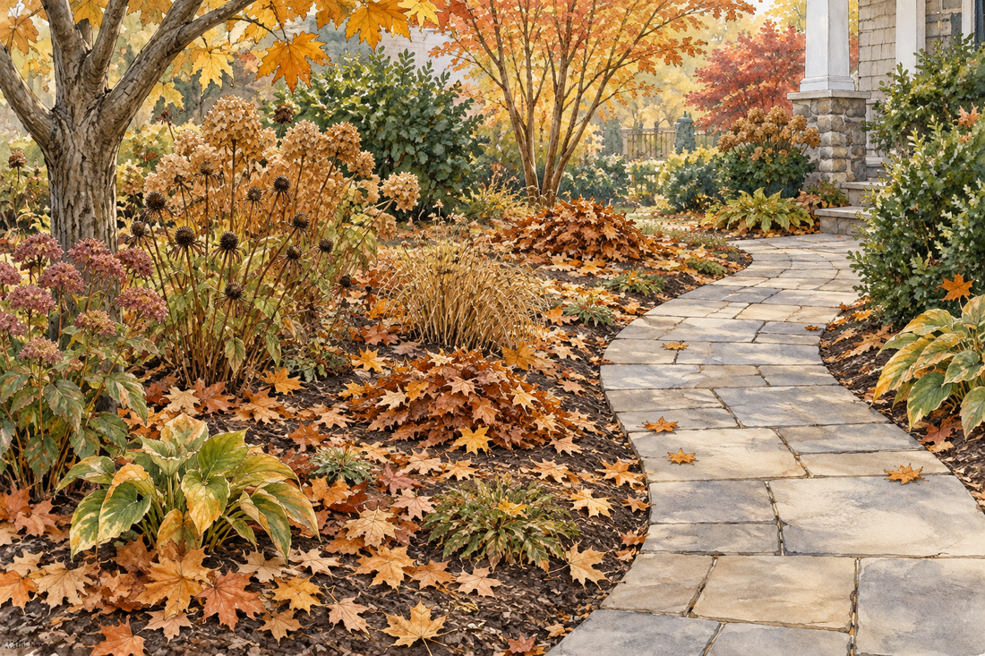 AI-generated illustration: a cleared stone walkway beside autumn beds that retain fallen leaves