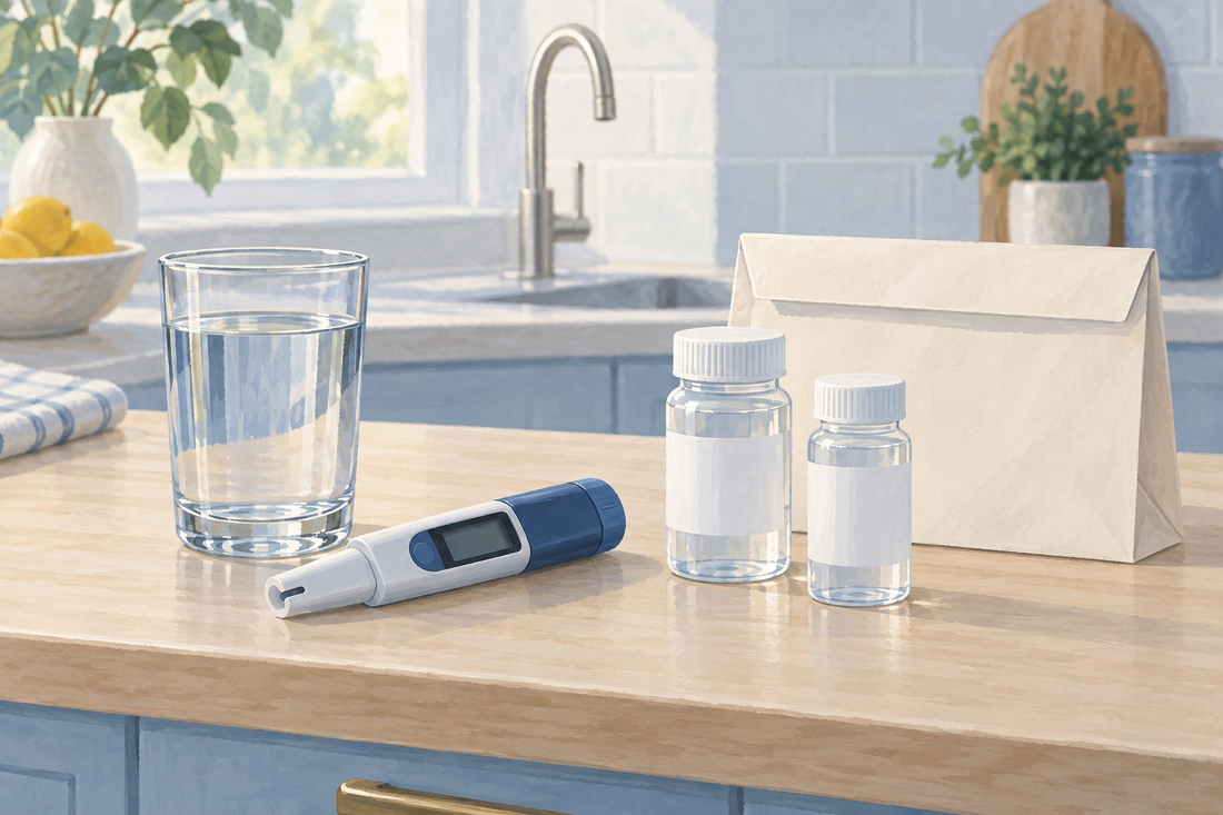 AI illustration of a water glass, a blank-screen handheld meter and sealed laboratory sample bottles.