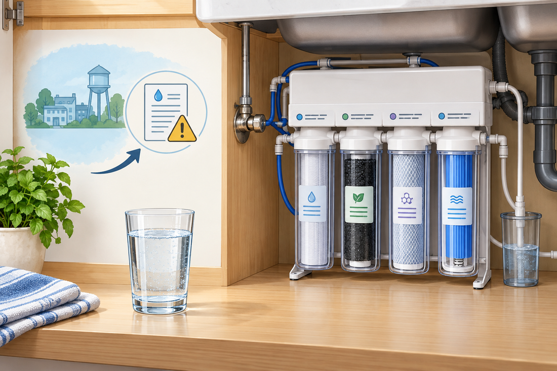 AI illustration of an under-sink reverse-osmosis system beside a glass of water and a local water advisory symbol