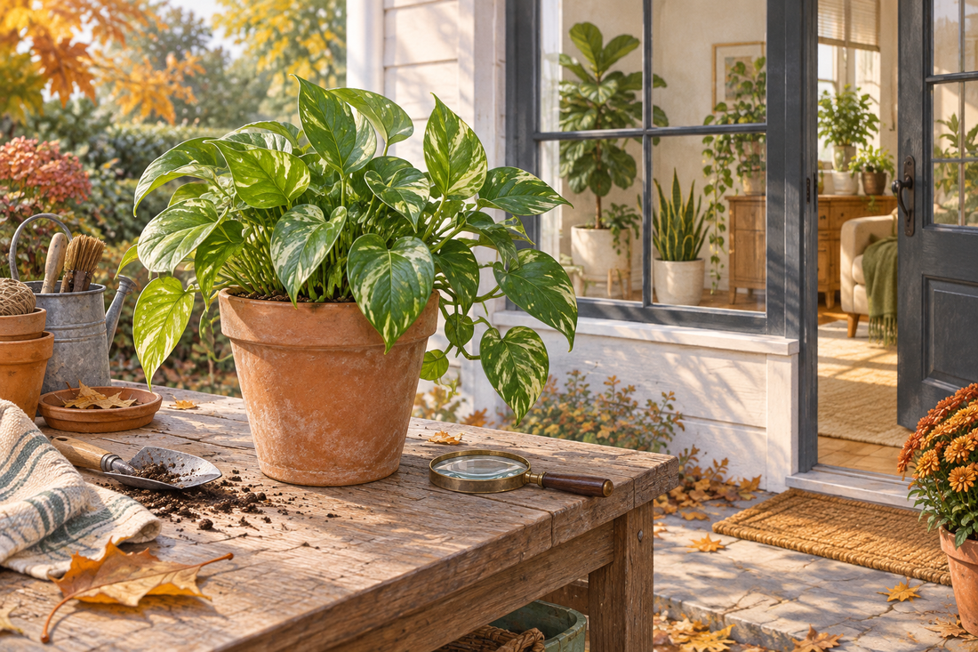 AI-generated illustration of a potted plant and magnifying glass for an autumn pest inspection.