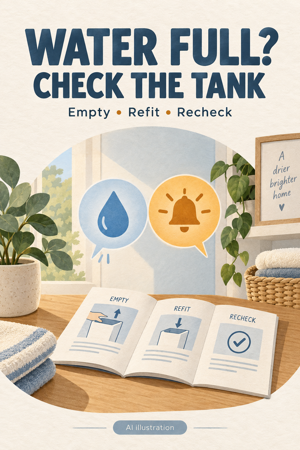 AI illustration of an instruction booklet and water-full notification symbols, with the words Water Full? Check the Tank.
