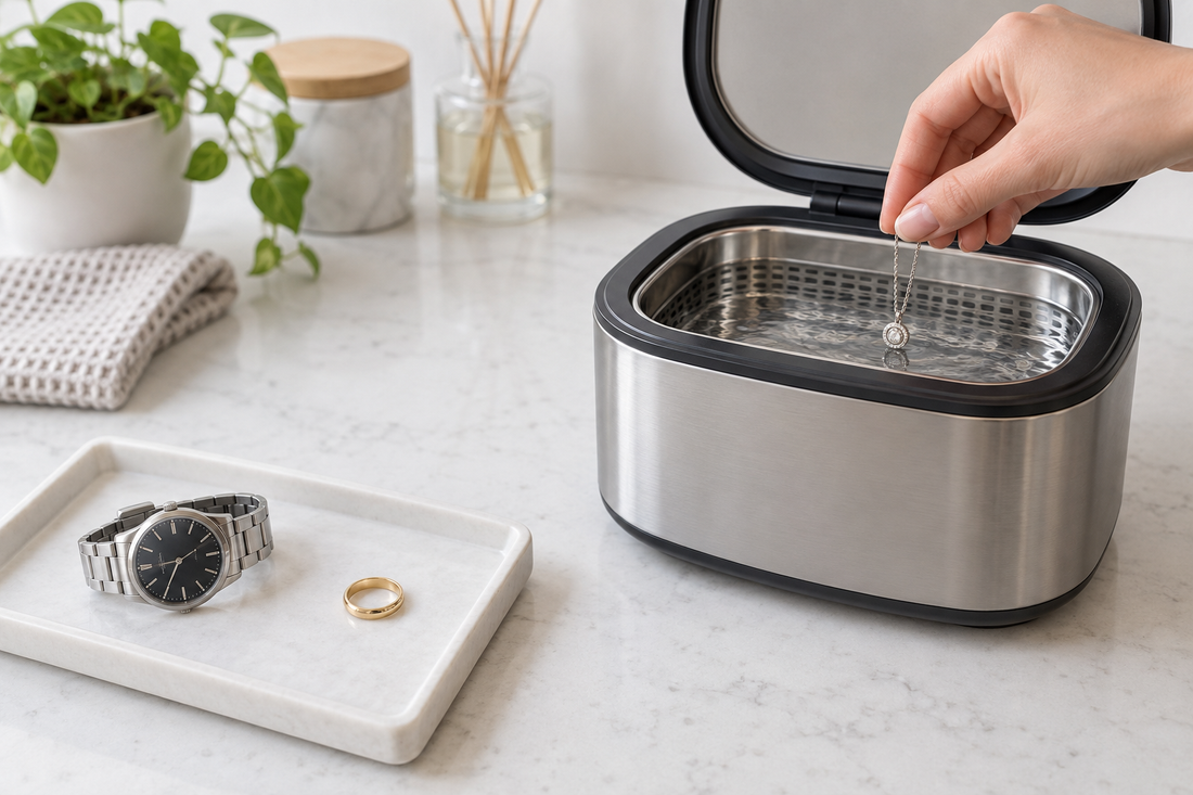 AI illustrative image of careful jewelry cleaning on a countertop with items separated; not a product photograph