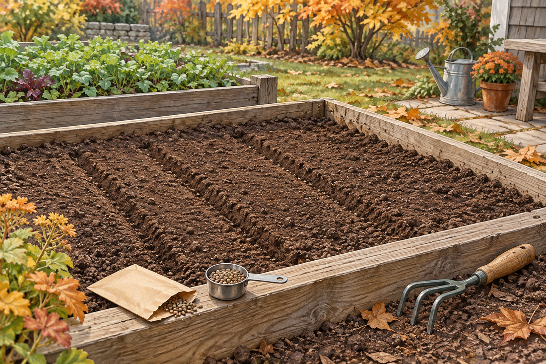 AI-generated illustration of a small fall seedbed with a measuring cup and hand rake