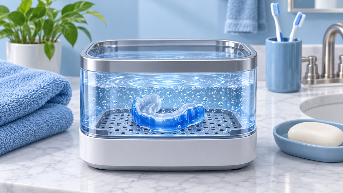 AI illustration of a sports mouthguard in an ultrasonic cleaning tank