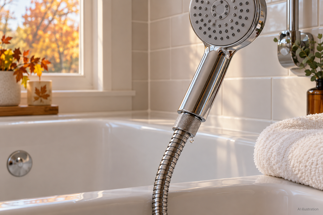 AI illustration: a chrome handheld shower hose coupling with a droplet, shown over an empty bathtub