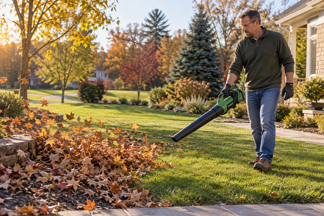 AI illustrative image of a homeowner directing autumn leaves along a lawn edge with a cordless blower; not a product photograph