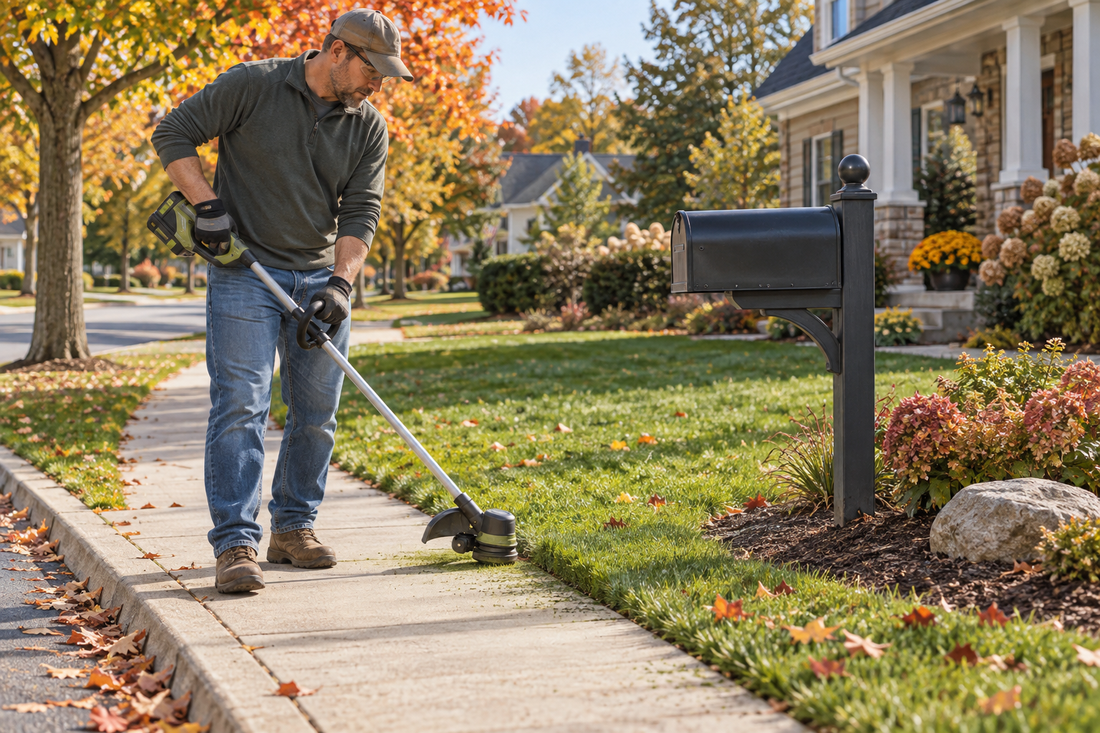 AI illustrative scene of edging grass beside a concrete sidewalk
