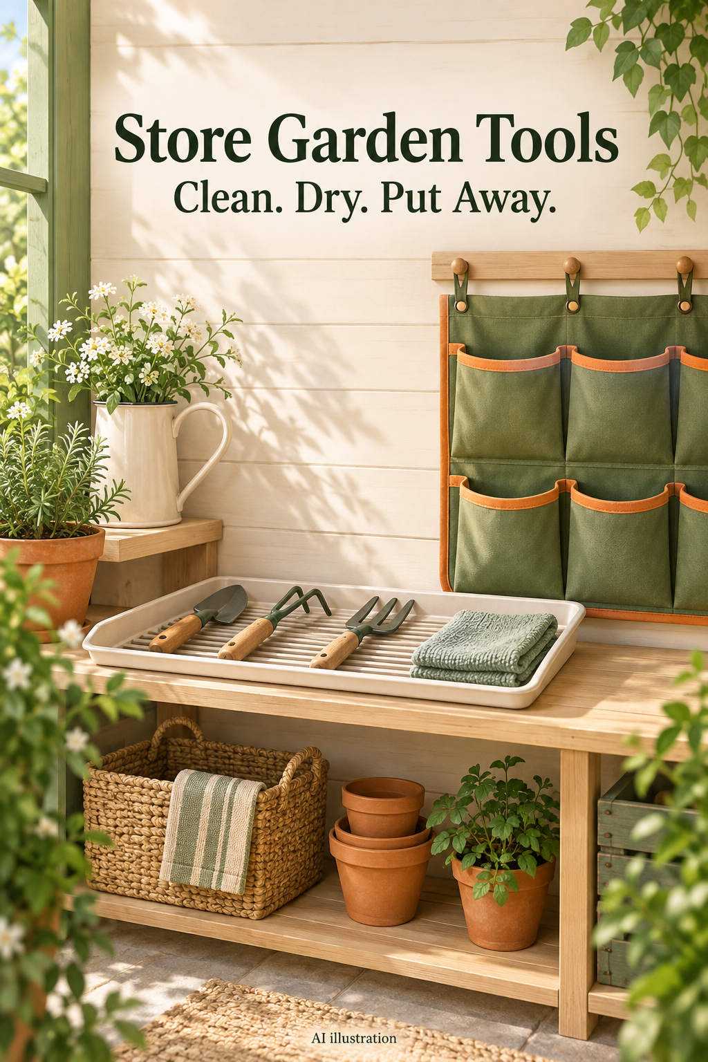AI illustration of a tidy garden-tool storage corner with a drying surface and empty organizer pockets.