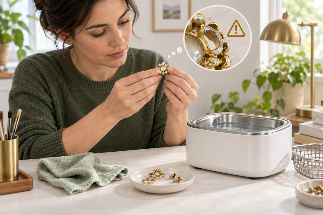 AI illustration of checking plated jewelry beside an ultrasonic cleaner