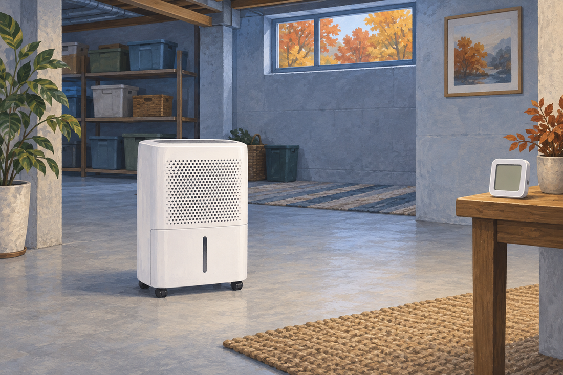 AI illustration of a compact white dehumidifier with clear surrounding space and an unnumbered room monitor in a cool autumn basement